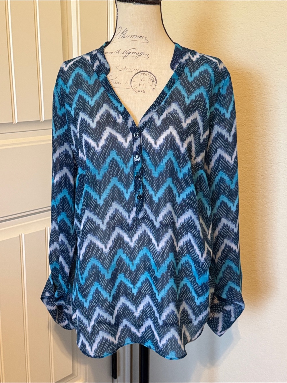 a.n.a Teal and Navy Chevron V-Neck Button Blouse